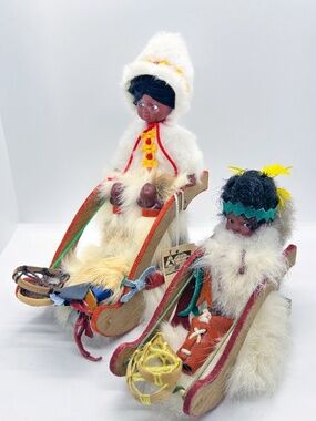 Vintage Indien Art Inuit Eskimo Dolls on wood sleds, Real Fur and mini snowshoes